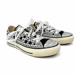 Converse M9166 Womens Size 6 Custom Pearl Rhinestone Sneakers Handmade Bling
